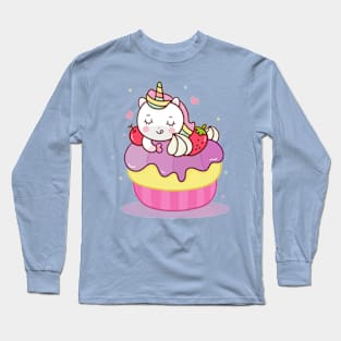 Kawaii Unicorn eating cupcake Long Sleeve T-Shirt